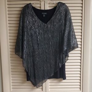 I.N. Studio Black Silver Metallic V‑Neck Poncho Tunic